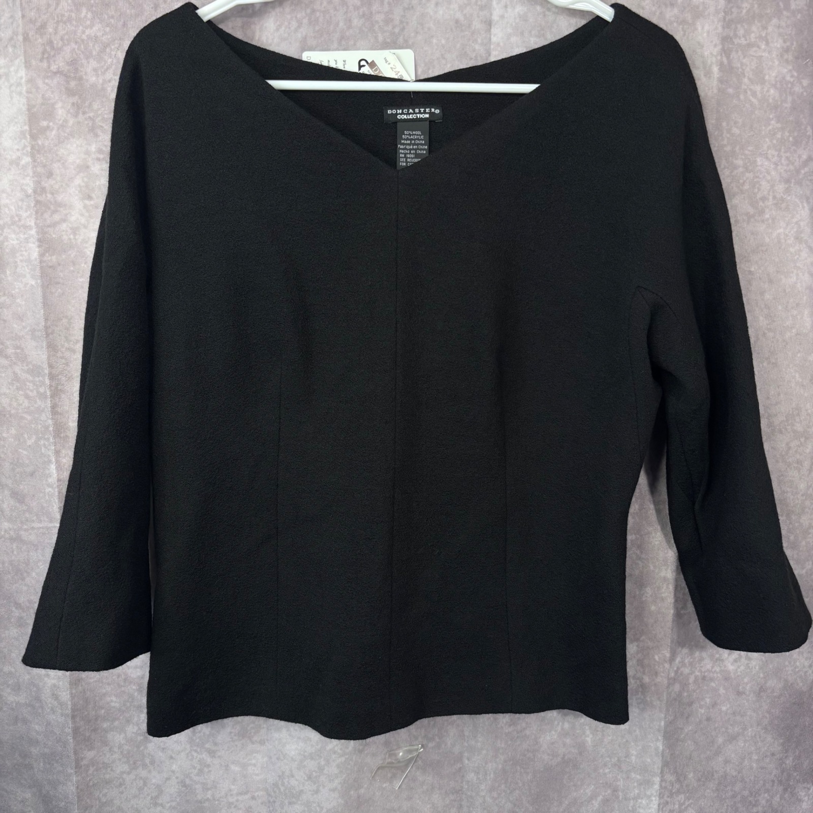 Nwt Doncaster Italian Women's Size 12 Black Wool Zip 3/4 Sleeve Top Msrp $295